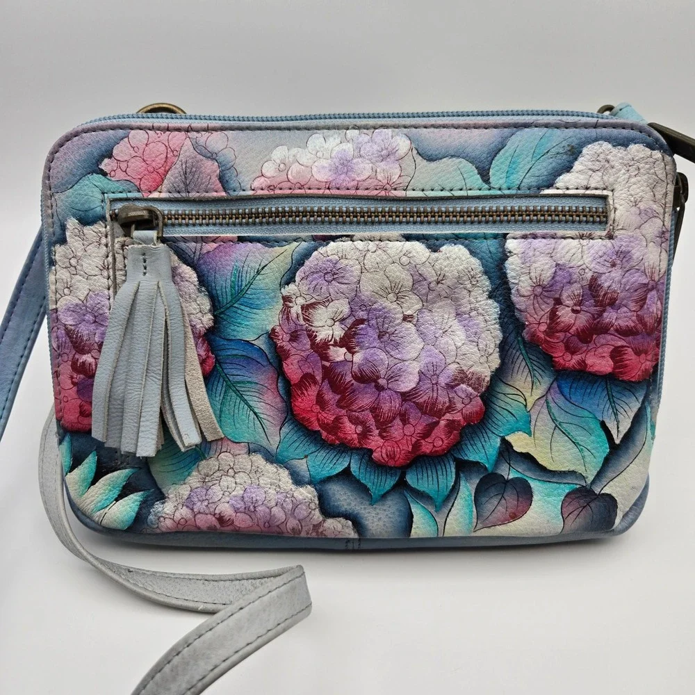 Anuschka Hand Painted Leather Crossbody Bag Clutch Hypnotic Hydrangea Floral